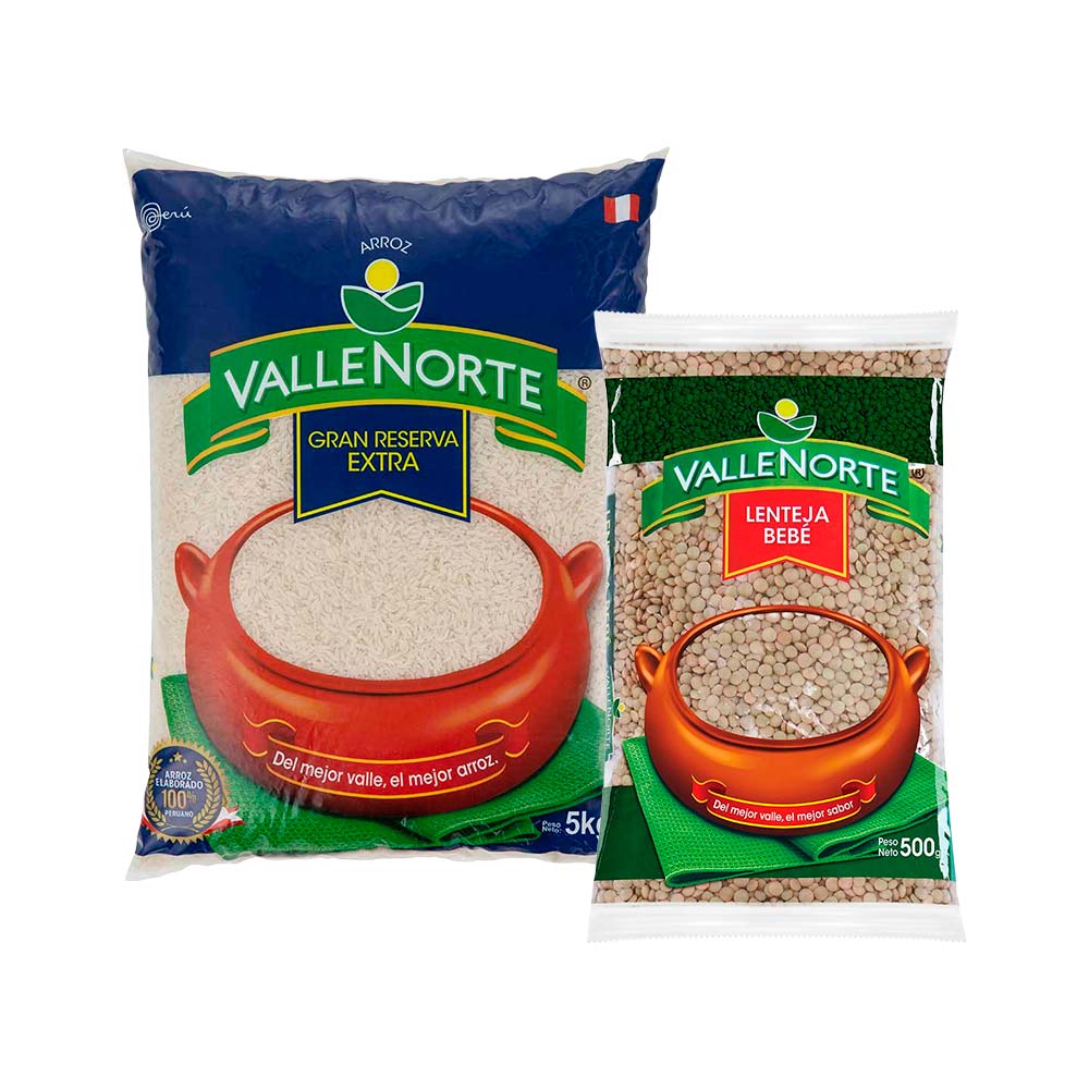 Pack VALLENORTE: Arroz Extra Añejo Gran Reserva Bolsa 5Kg + Lenteja Bebé Bolsa 500g